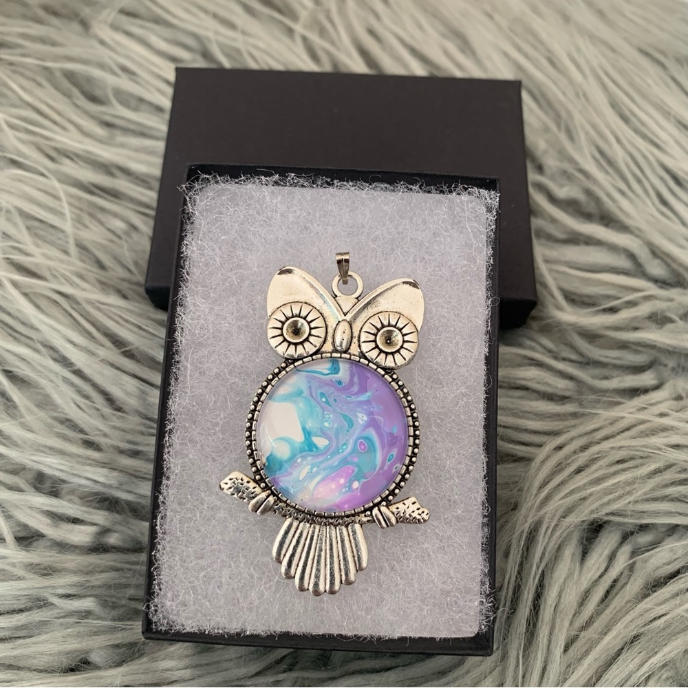 Handmade Fluid Art Necklace- Owl